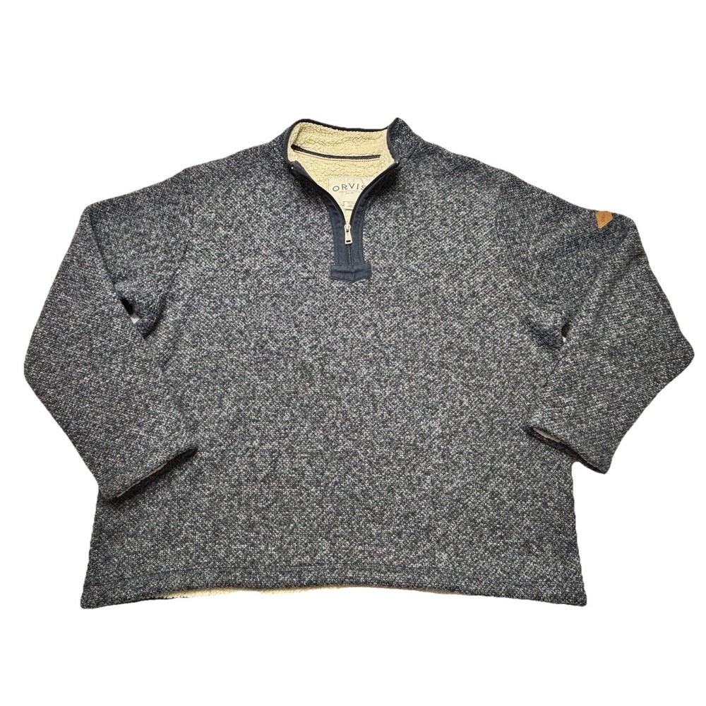 Orvis Sweater Mens 2XL Gray Sherpa Lined Quarter Zip Pullover Fleece Warm XXL